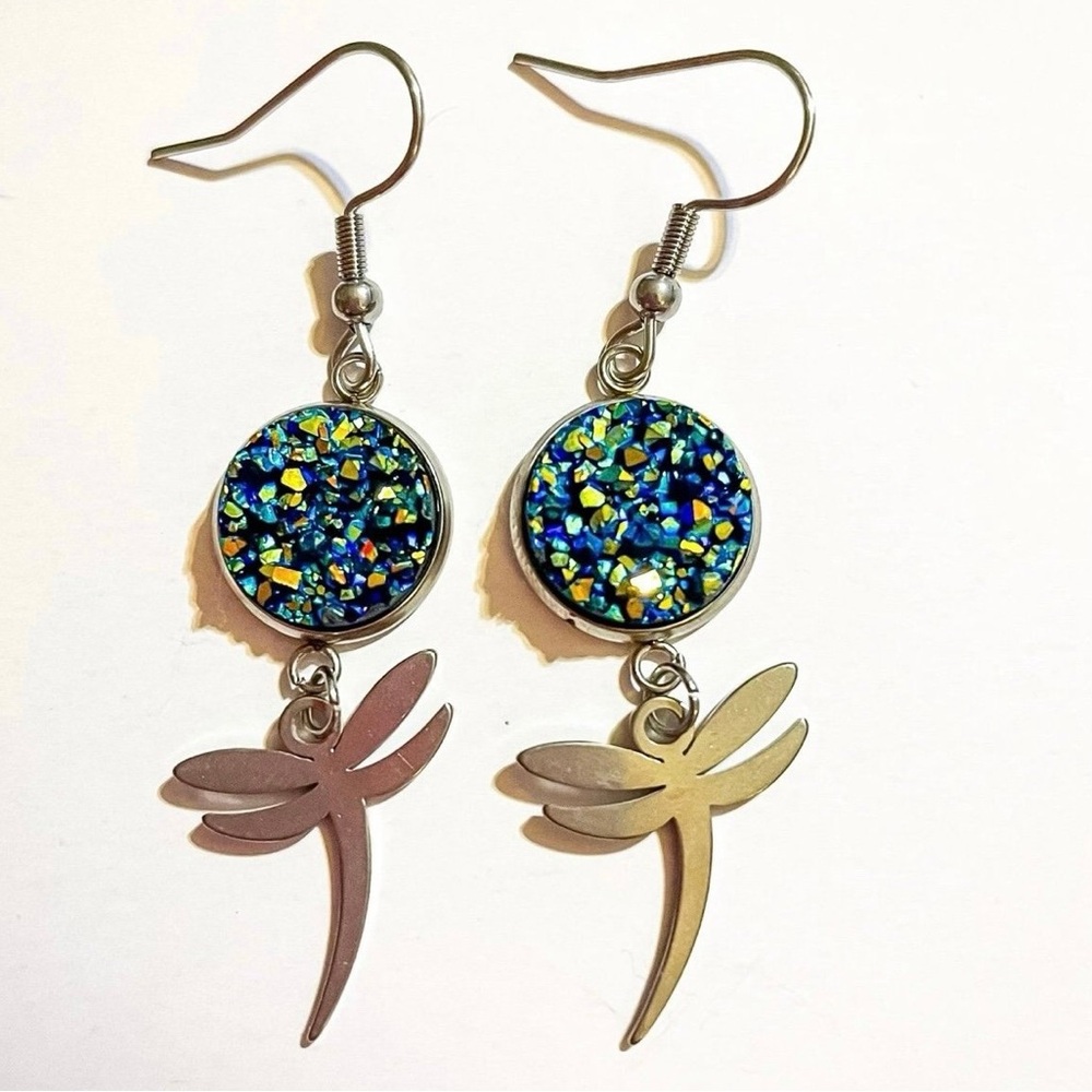 Blue & Green Druzy Dragonfly Dangle Earrings